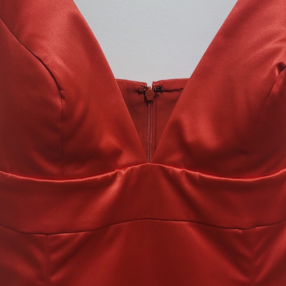 Red satin dress.